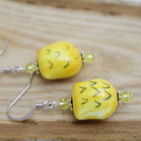 Yellow Hand Painted Porcelain Owl Earrings - Handmade & Hypoallergenic - Picture 3 of 7
